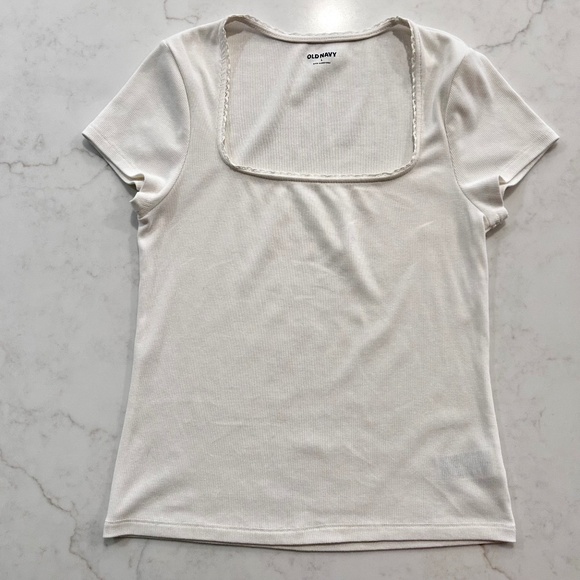 Old Navy Women's Ribbed T-Shirt - Scoop Neck with Trim Detail - Ivory - Large - Picture 1 of 4
